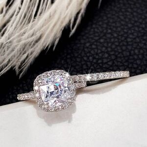 Cubic Zirconia Square 2 Piece Silver Ring Engagement Set With Band Size 7